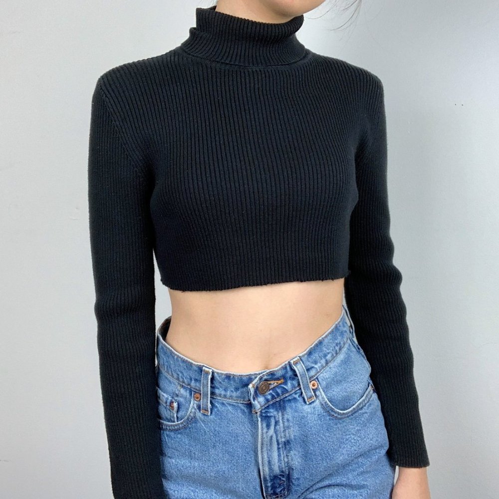Vintage 90s Y2K Black Turtleneck Crop Top Sweater - Picture 5 of 7